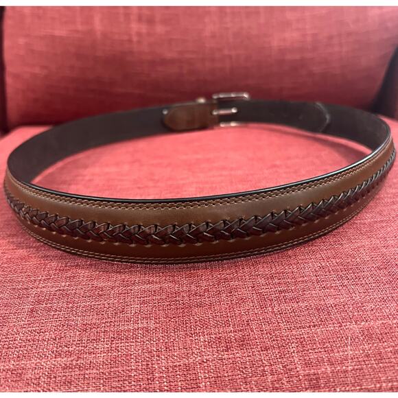 DONALD J TRUMP SIGNATURE COLLECTION BROWN BRAIDED SILVER BUCKLE LEATHER BELT 38 - Picture 2 of 12